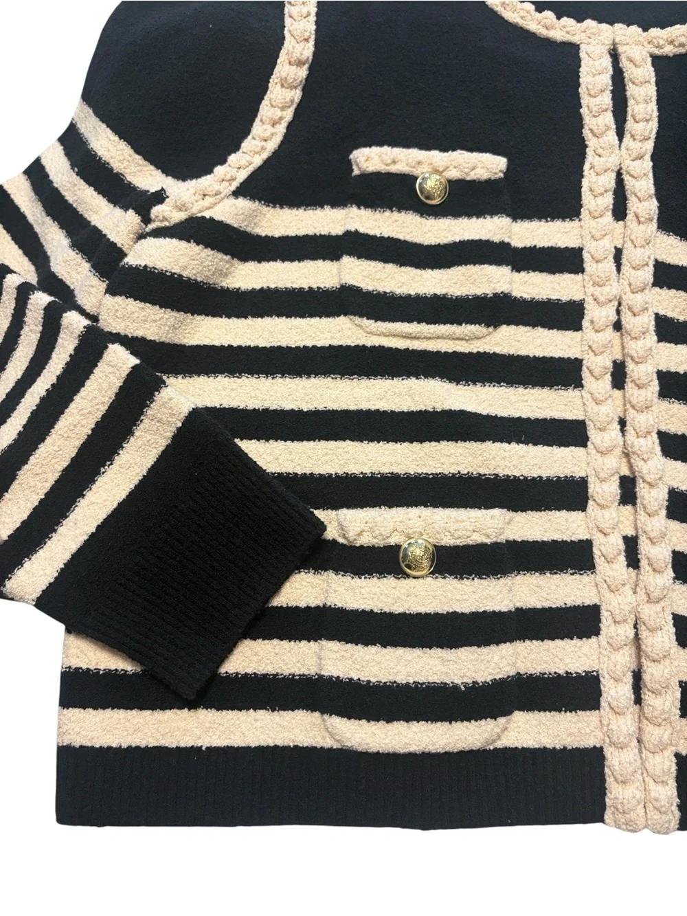 J. Crew Odette Sweater Lady Jacket in Striped Boucle Size L Black Cream NWT